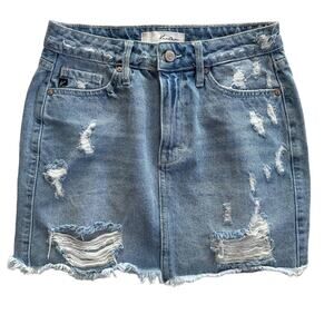 KanCan Denim Mini Skirt Fringe Hem 33909 Small